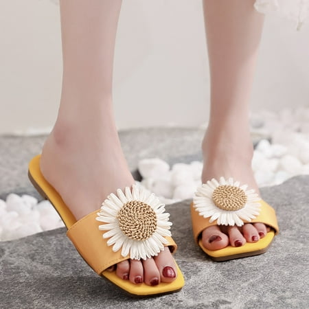 

BRISEZZS Women s Slide Sandals- New Style Casual Floral Open Toe Flip-flops Beach Breathable Summer Flat Slide Sandals #473 Yellow-40