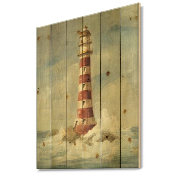 Designart 'Ocean Lighthouse' Nautical & Coastal Print on Natural Pine Wood