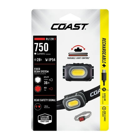 COAST RL12R Rechargeable Headlamp – 750 Lumens, Dual Color Beam, Variable Light Control