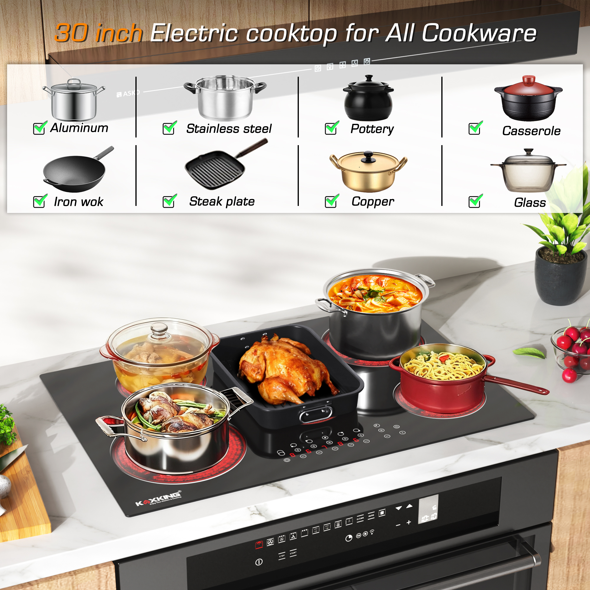 30 Inch Electric Cooktop 5 Burners, 8500W Built-in Radiant Ceramic Stove Top with Dual Expandable Heating Zone, Touch Control 9 Power Levels, Timer & Child Lock, Hard Wired 220-240V(NO PLUG)