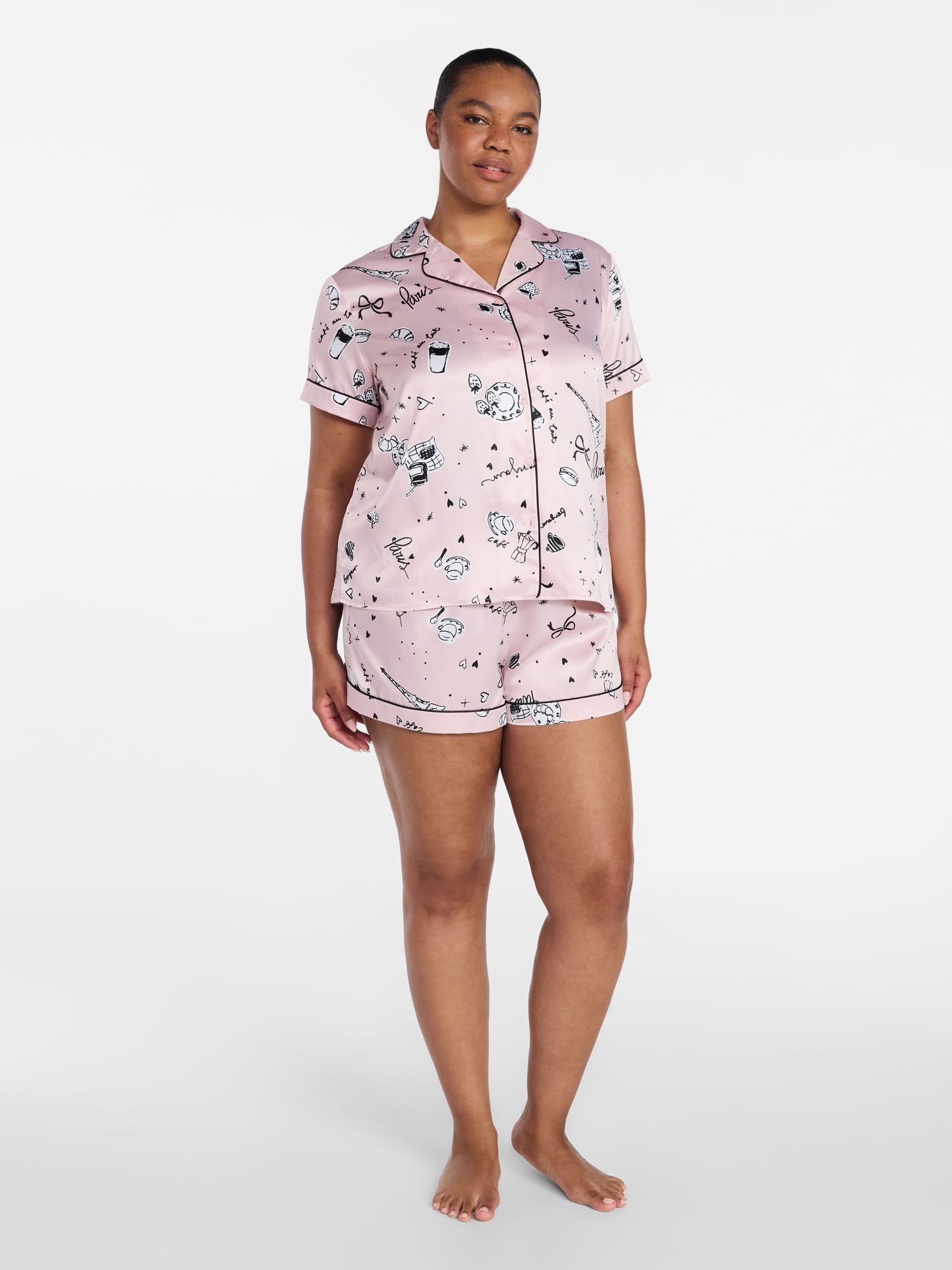 Joyspun Women’s Stretch Satin Short Sleeve Top and Shorts Pajama Set, Sizes XS-3X