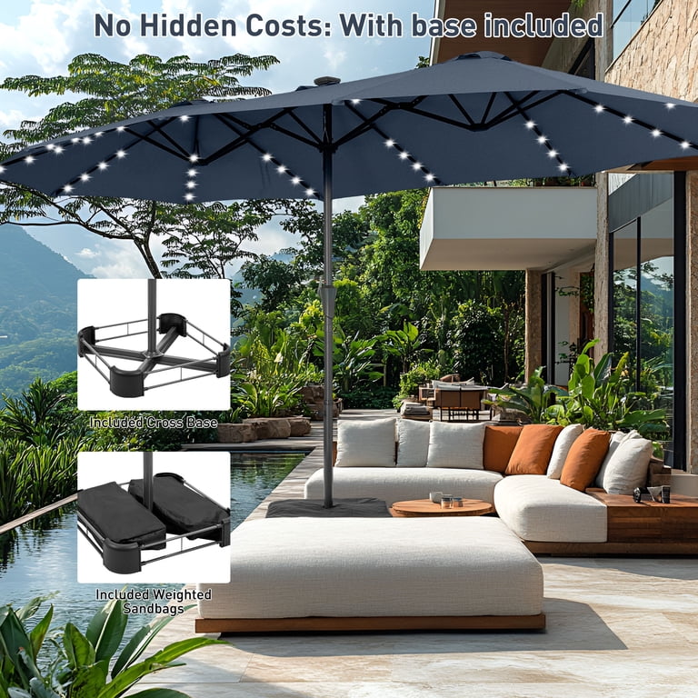 48 patio umbrella Autlaycil 15' Large Rectangle Outdoor Patio Umbrella and 48 Solar Lights  with Matching Base, Market, Beach, Garden, Yard, Party, Navy Blue