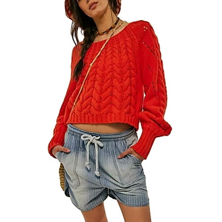 Qtinghua Womens Sexy Crew Neck Cropped Sweaters Ribbed Knit Long Sleeve Crop Tops Pullover Knitwear Red L