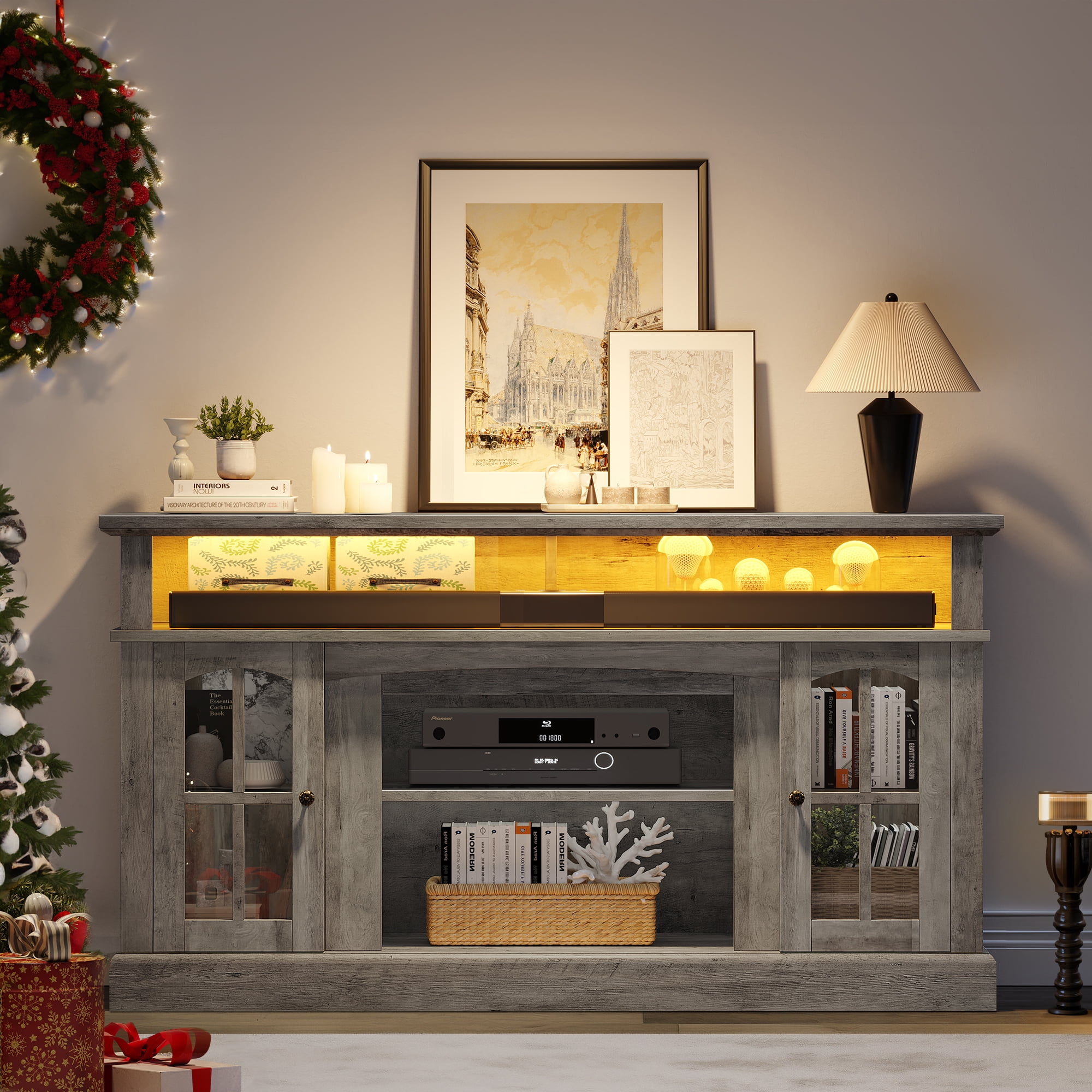 Dextrus Farmhouse LED TV Stand for TVs up to 65'', Wood TV Media Console Entertainment Center for Living Room, Rustic Gray