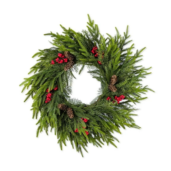 15.7 Inch Real Touch Christmas Wreath, Lush Cedar Winter Wreath for Front Door with Red Berries, Large Indoor Outdoor Xmas Decor for Windows, Walls, and Home Holiday Decorations
