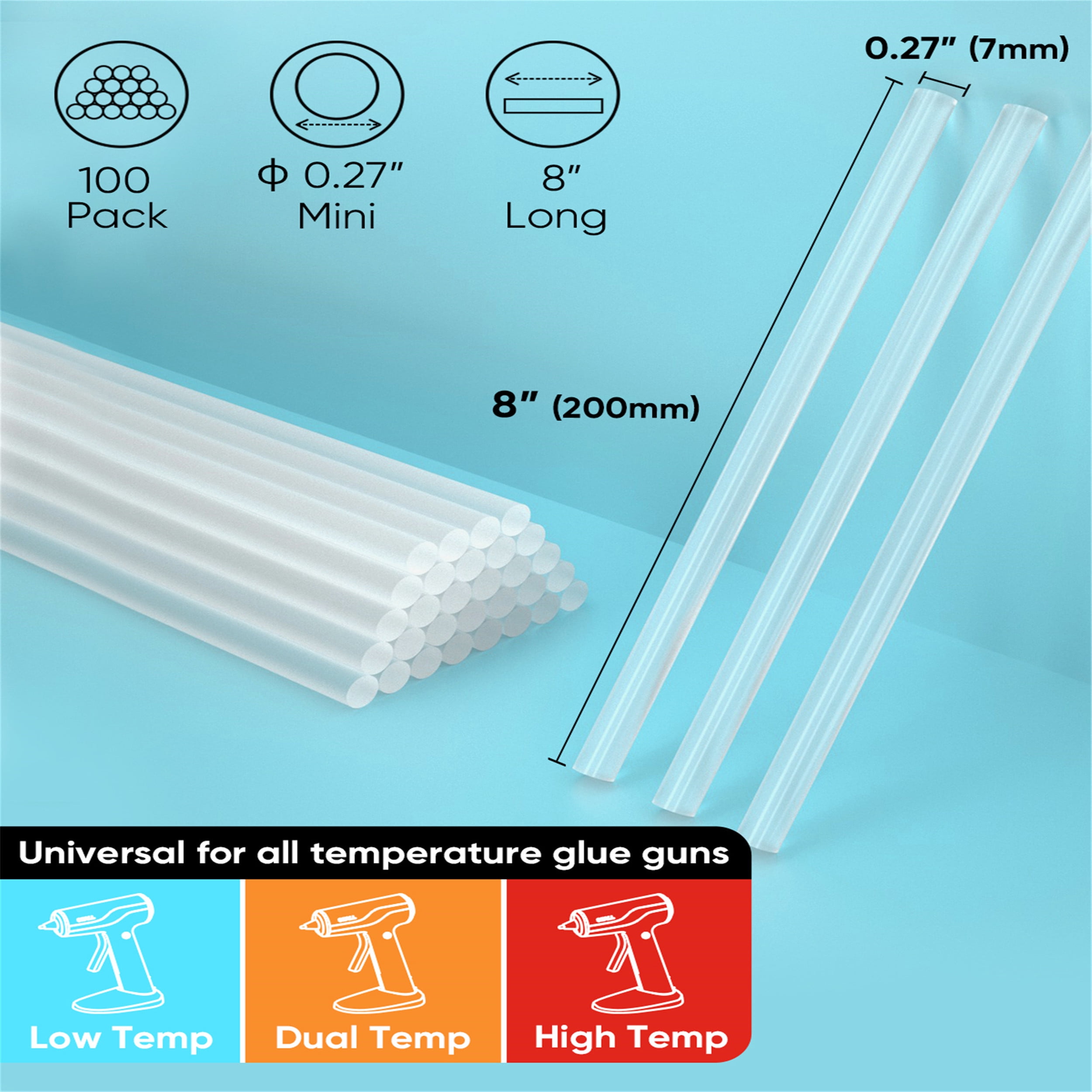 SHALL Mini Hot Glue Sticks, 0.27” Dia x 8” Long, 100-pack Clear Hot Melt Glue Gun Sticks for All-Temp Mini Glue Guns, Multipurpose for Kids Adults DIY Art Craft Sealing Repairing Festival Decoration