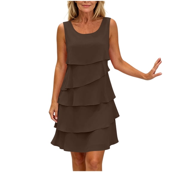 aohooy Layered Ruffle Dress for Women Round Neck Sleeveless Tiered Dresses Chiffon Swing Smocked Wedding Guest Tank Dress 2026 Coffee,L