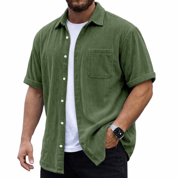 Mens Big & Tall Corduroy-Shirts with Pocket S-5X Plus Size Short Sleeve Tshirts Shirt Button-Down Collared Solid Color Lapel Going-Out Work Tees Tops