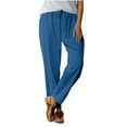 thumbnail image 2 of Yotami Summer Linen Pants for Women Straight Leg High Waisted Loose Fit Pants with Pocket Drawstring Solid Color Ankle Length Pant for Everyday, Navy S, 2 of 4