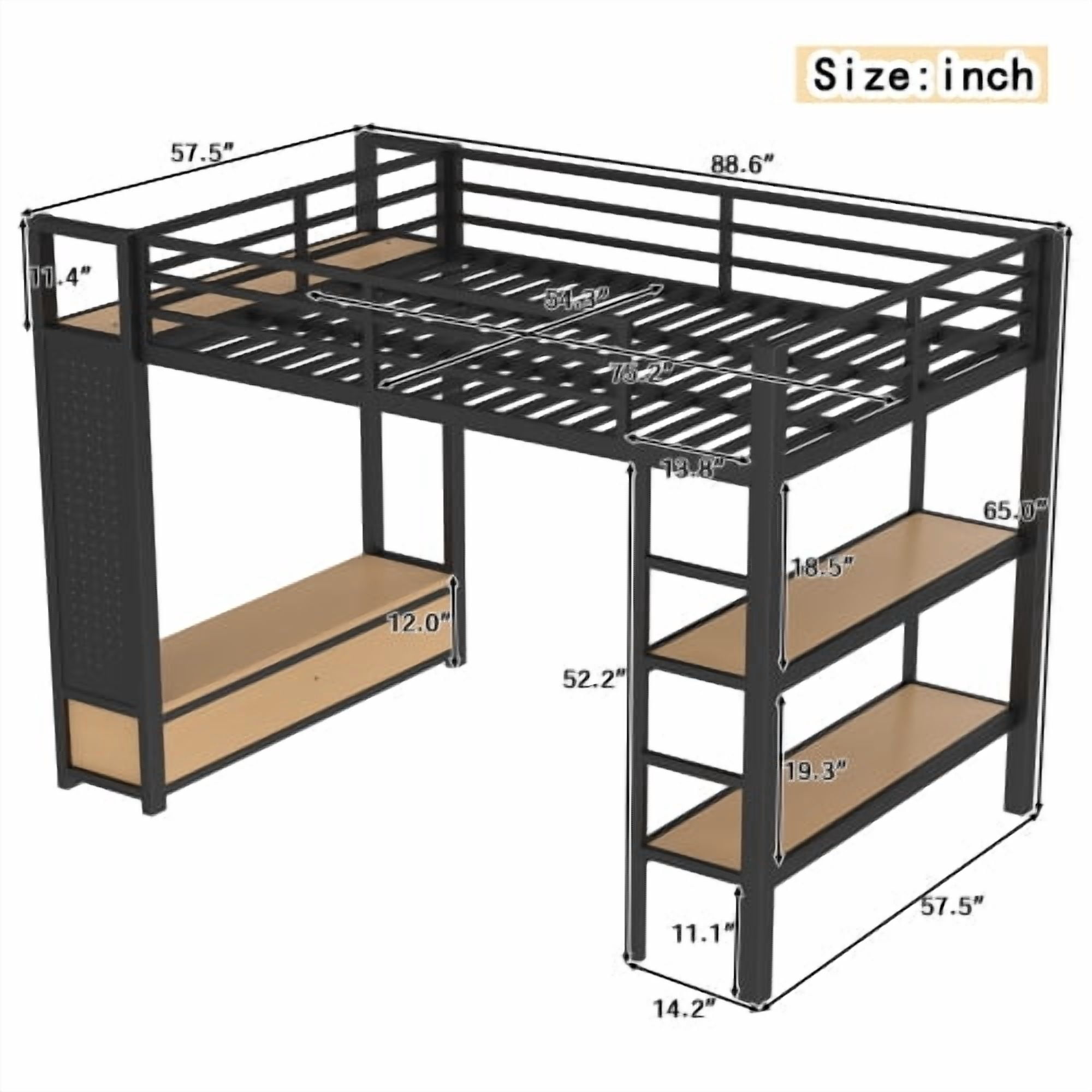 Euroco Full Size Loft Bed with Built-in Desk, Shelves and Wardrobe, Solid Bed with Bookcase and Pegboard for Kids Teens Bedroom, Black