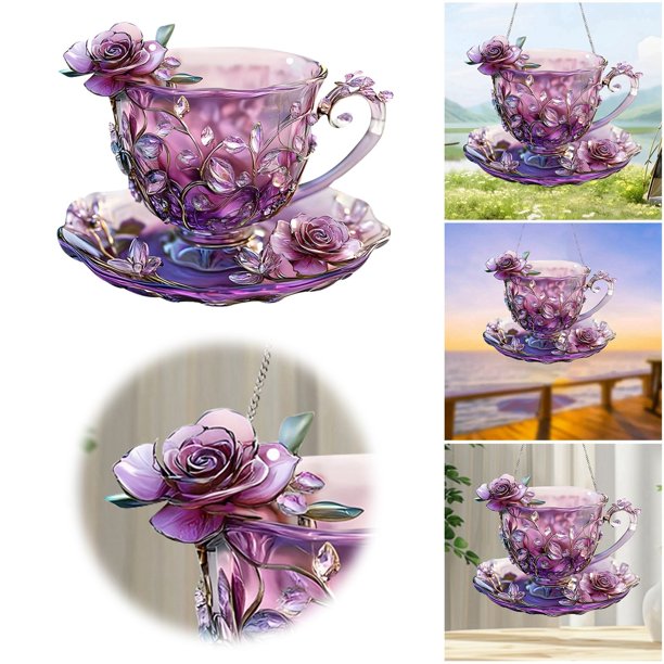 Colgante Decorativo Para Porche Con Taza De Café Acrílica Morada Para La Hora Del Té