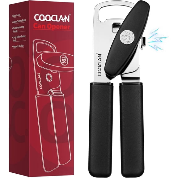 Can Opener Manual with Magnet, Heavy Duty Hand Held Can Opener with Sharp Stainless Steel Blade Easy to Use, Effortless Turn Knob, Soft Comfortable Handle, Built-In Bottle Openers, Black