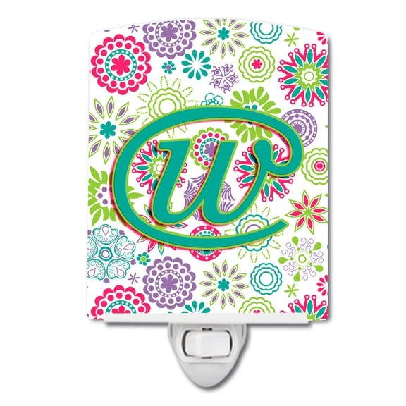 Letter W Flowers Pink Teal Green Initial Ceramic Night Light