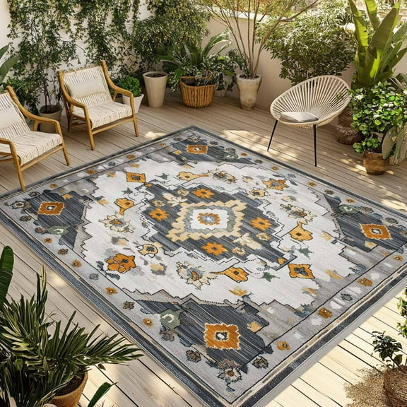 Fsddascl Orange Grey Boho Outdoor Rug for Patio/Deck/Porch, Non-Slip Large Area Rug 4 x 6 Ft, Vintage Southwestern Geometric Ethnic Indoor Outdoor Rugs Washable Area Rugs, Camping Rug Carpet
