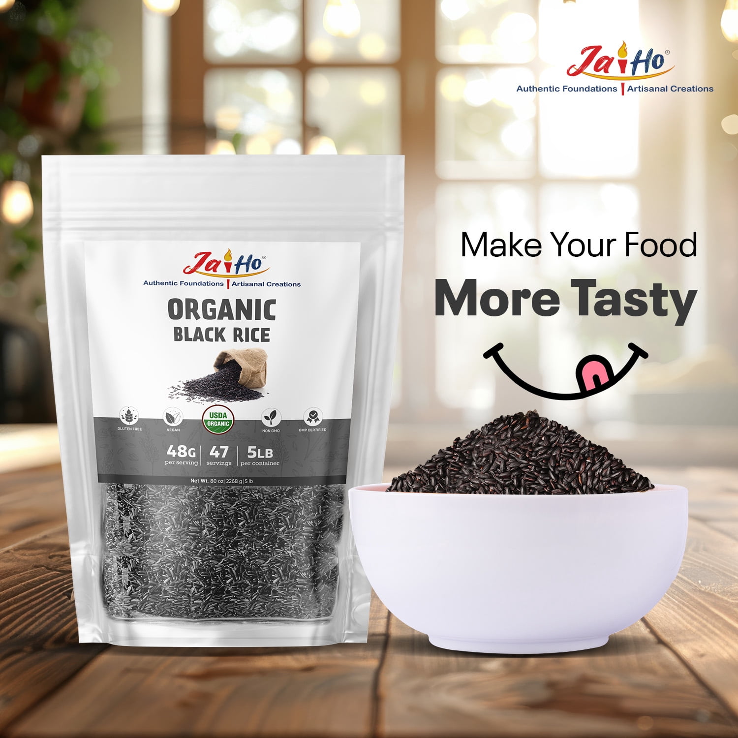 Jai Ho Certified Organic Black Rice 5 LB - Gluten Free, Vegan, Non-GMO - Resealable Zip Lock Pouch (Black Rice)