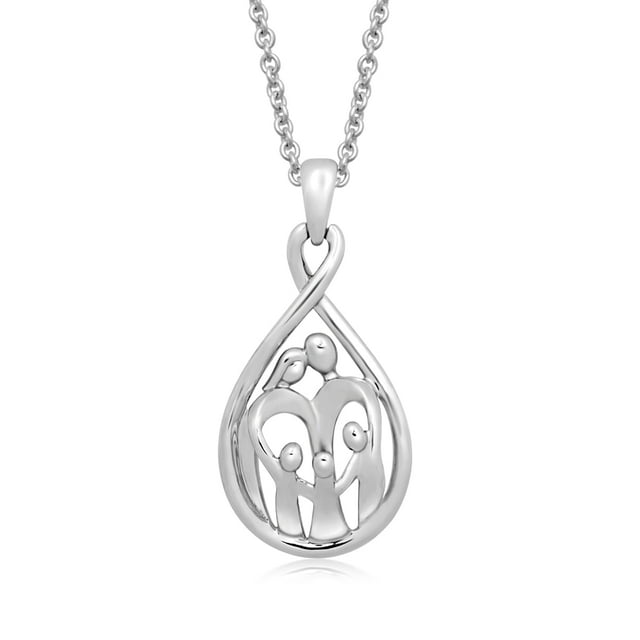 Jewelili Sterling Silver with Parent and Three Children Family Pendant Necklace, 18" Cable Chain