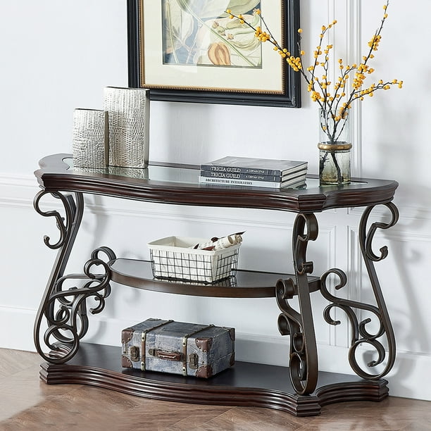Kepooman 3 Tier Modern Mdf Console Table With Glass Top Metal Legs For Entryway 54 L X 20 W 30 H Dark Brown Com 3 Tier Modern Mdf Console Table, 30 W Console Table