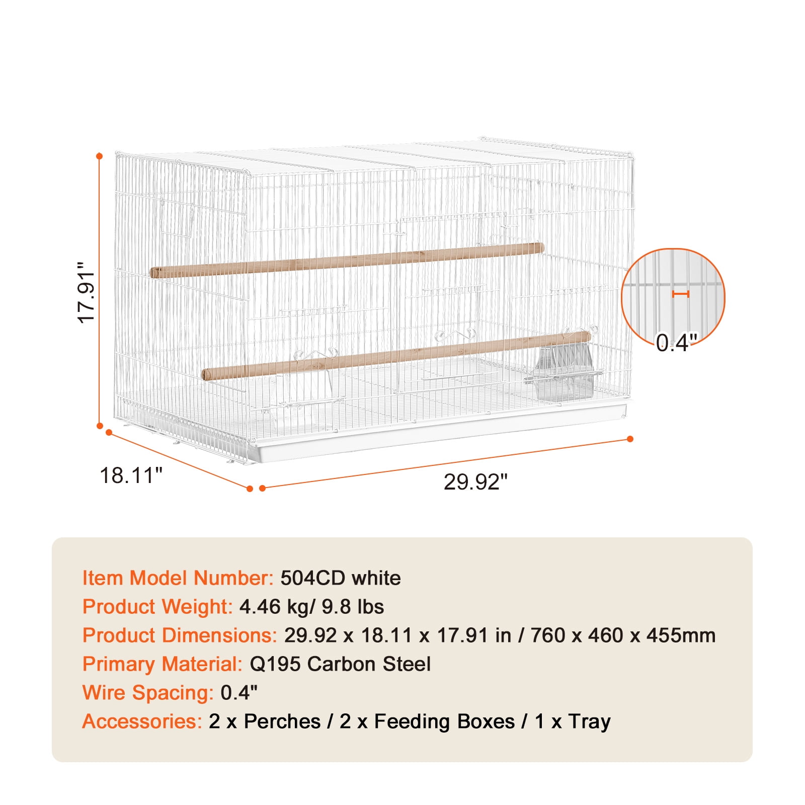 KFFKFF 30"x18" White Bird Cage, Compact Metal Parakeet Enclosure with Perches & Food Containers for Small Birds