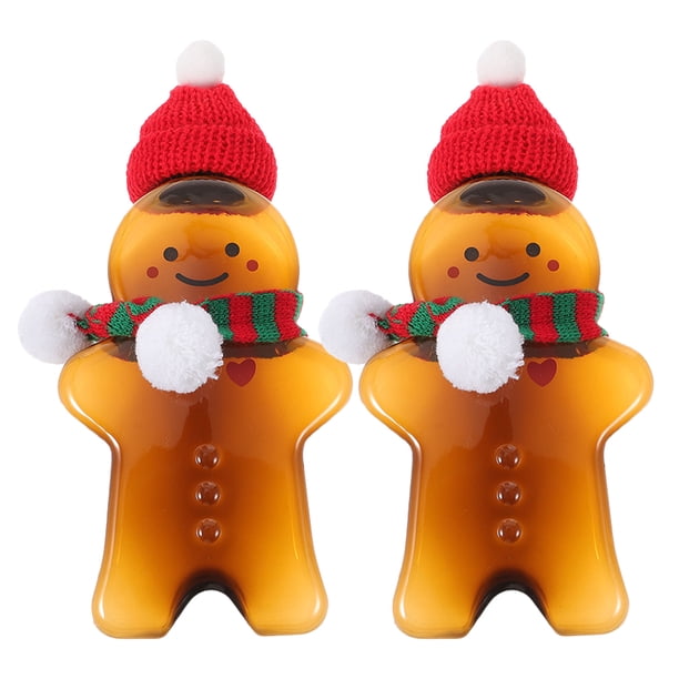 Juego de 2 botellas de jugo vacías navideñas, con forma de hombrecito de jengibre, transparentes, para bebidas, con sombreros y bufandas, de 500 ml