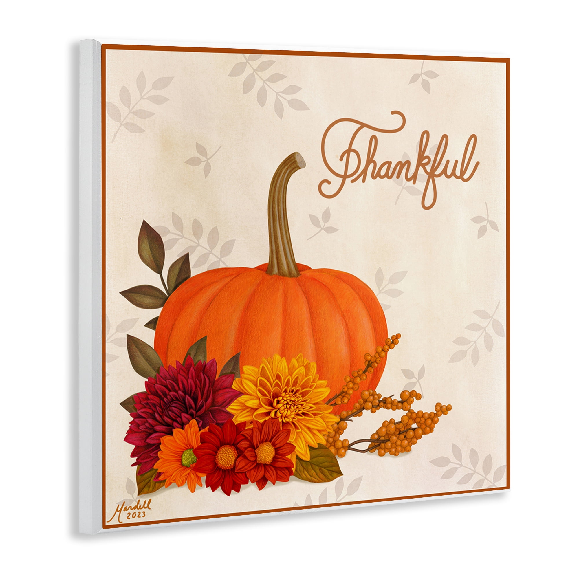 Stupell Industries Thankful Pumpkin & Florals Holiday Painting Unframed Art Prints Wall Art, 12 x 12