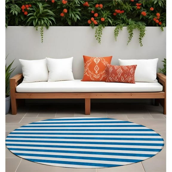 HomeRoots 560875 8 ft. Round Navy Blue Round Striped Washable Non Skid Indoor Outdoor Machine Woven Area Rug