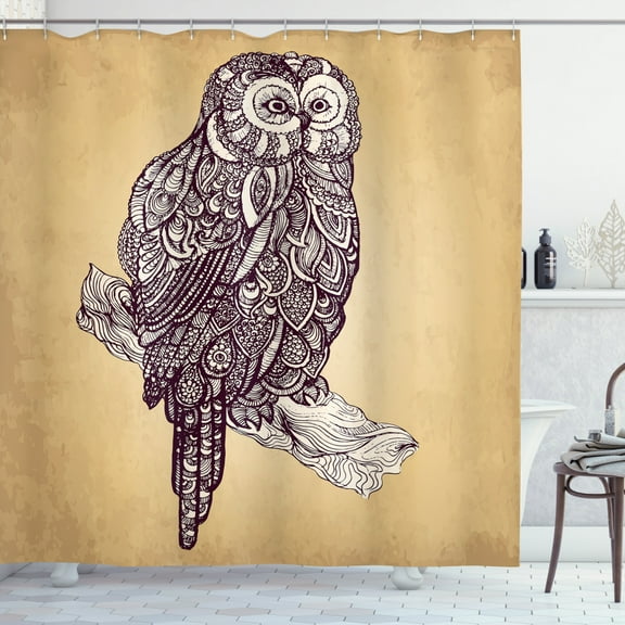 Owl Shower Curtain, Hand Drawn Style Artistic Bird Figure Perched on a Branch Vintage Style, Fabric Bathroom Set with Hooks, 69W X 70L Inches, Beige Seal Brown Off White, by Ambesonne