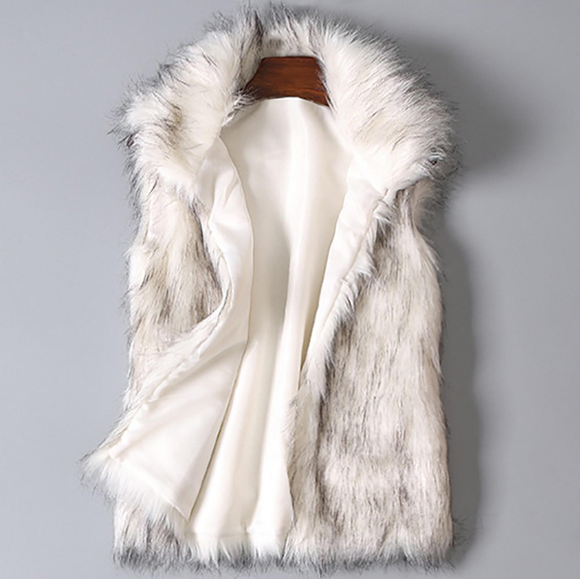 Shiusina Women's Wool Vest Faux Fur Vest Stand Collar Faux Fur Coat Vest  Jacket L White + L 