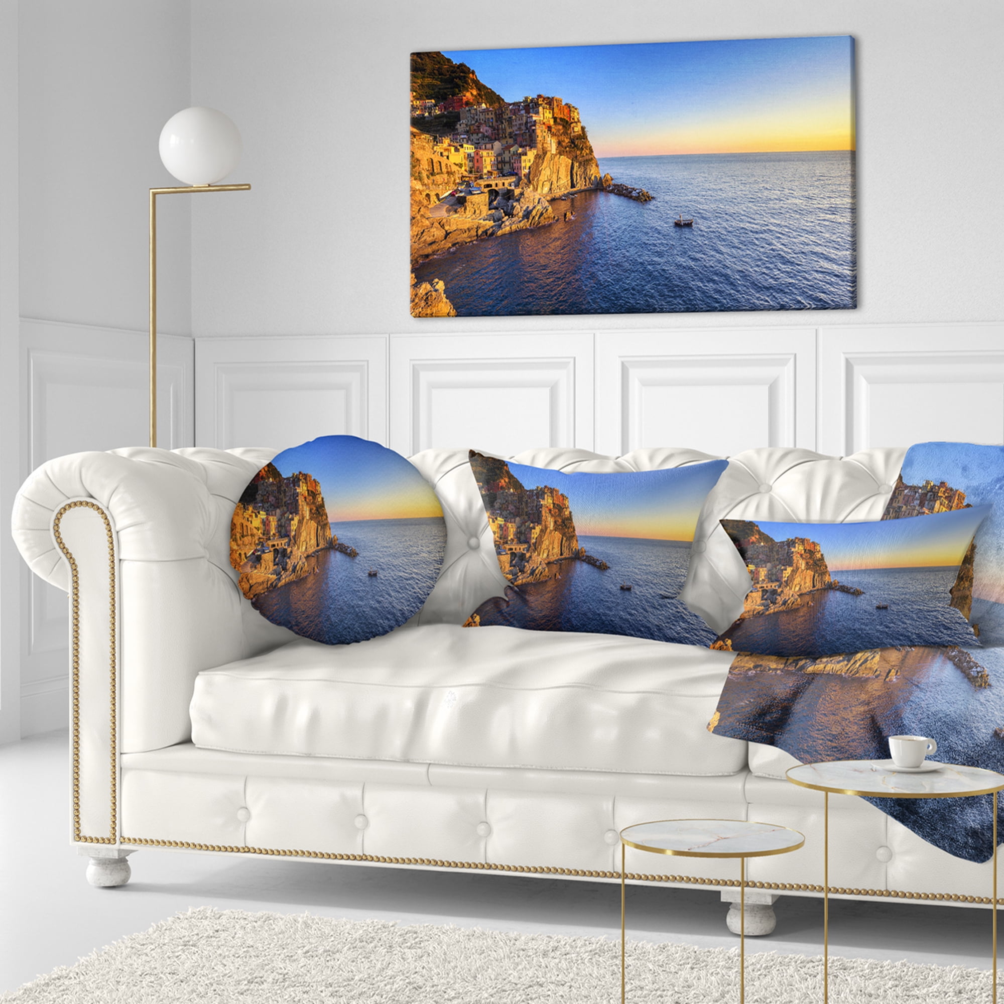Designart Manarola Village Beach Panorama - Landscape Wall Throw Pillow - 12x20