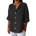 thumbnail image 2 of Linen Tops for Women Summer V Neck 3/4 Length Sleeve Womens Tops with Button Roll-Up Sleeve Casual Loose Fit Blouses Black L, 2 of 6