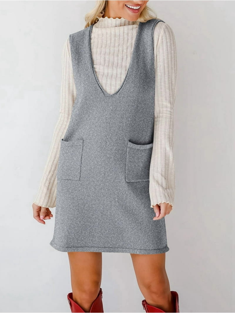 Women'S V Neck Sleeveless Knitted Solid Short Sweater Dress with Pockets Dark Gray XL - Walmart.com Women'S V Neck Sleeveless Knitted Solid Short Sweater Dress with Pockets Dark Gray XL - Walmart.com