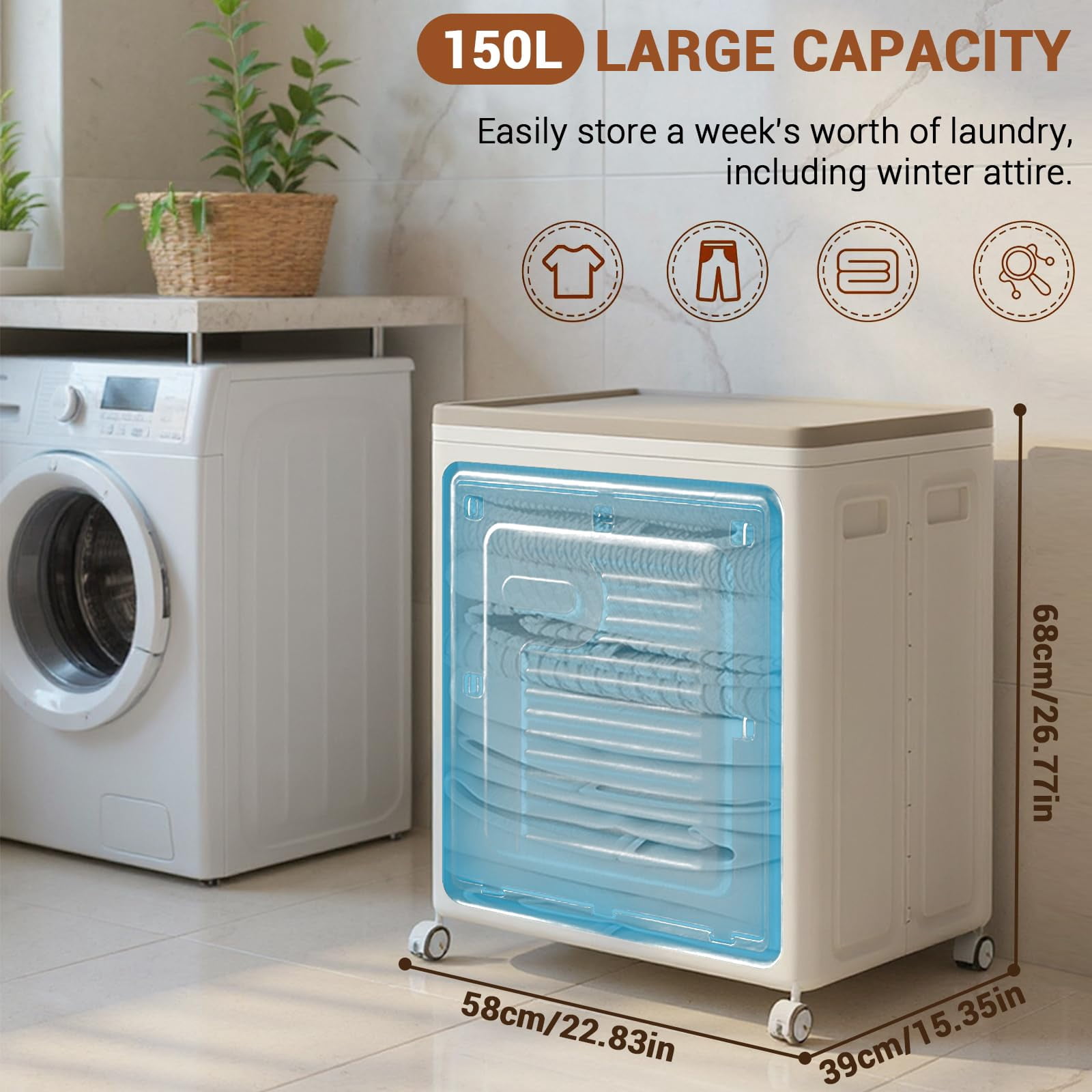 Rolling Laundry Hamper with Lid, 150L Large Capacity Clothes Hampers for Laundry, Plastic Laundry Baskets with Wheels for Laundry Room