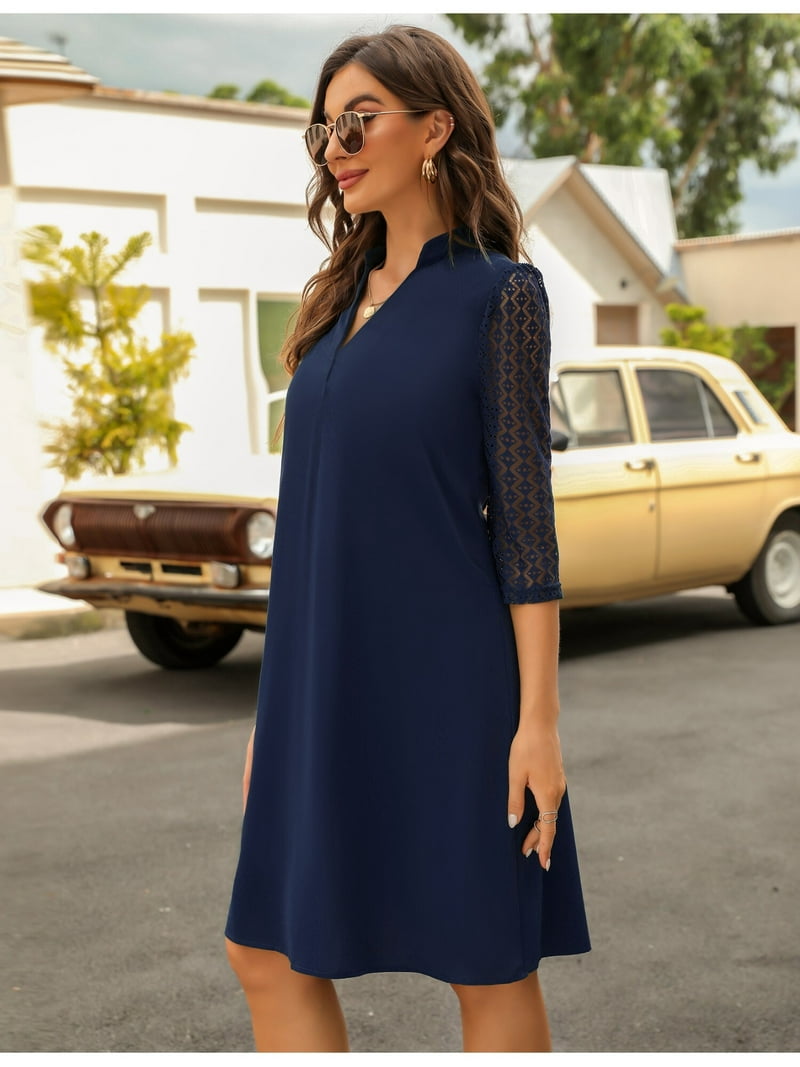 Women's Shift Dress Lace 3/4 Sleeve Tunic Dress V Neck