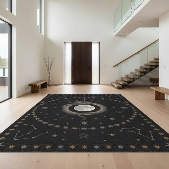 Design&I 8'x10' Washable Area Rug Witchy Celestial Moon Design With Gothic Mystical Star Border Snake Flowing for King Size Bedroom, Under Bed, Sleek Flatweave Pet Friendly