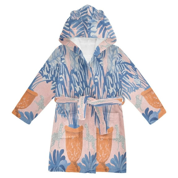FORMRS Niños Bathrobe Unisex Hooded Robe Soft Plush Pajamas Sleepwear, Size 2-3T, Pink Leaves