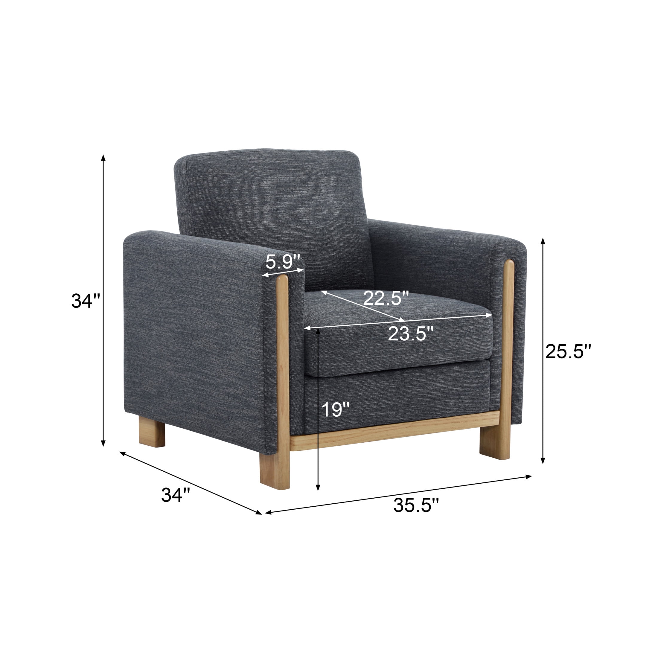 Ernest Mid-Century Modern Fabric Accent Armchair, Upholstered Club Chair with Solid Wood Frame, Charcoal+Natural, Set of 2