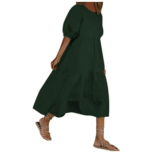 Robes Noires pour Femmes Mode Femmes Ample Couleur Unie Col Rond Manches Bouffantes Robe Décontractée Manches Courtes