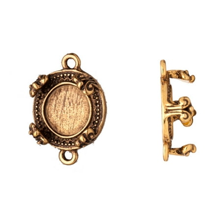 - Link/Connector, Antique-Gold Finished 4 Bail Beaded Round Cabochon Setting 15.5x16mm With 10.5mm Mount
