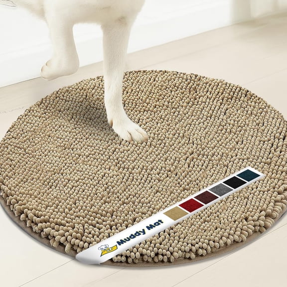 Muddy Mat® Shown on TV – Super Absorbent Microfiber Dog Door Mat for Muddy Paws, Non-Slip Washable Pet Rug, Quick Dry Chenille Entryway Carpet, Machine Washable Indoor Outdoor Mat, Beige Round 4ft