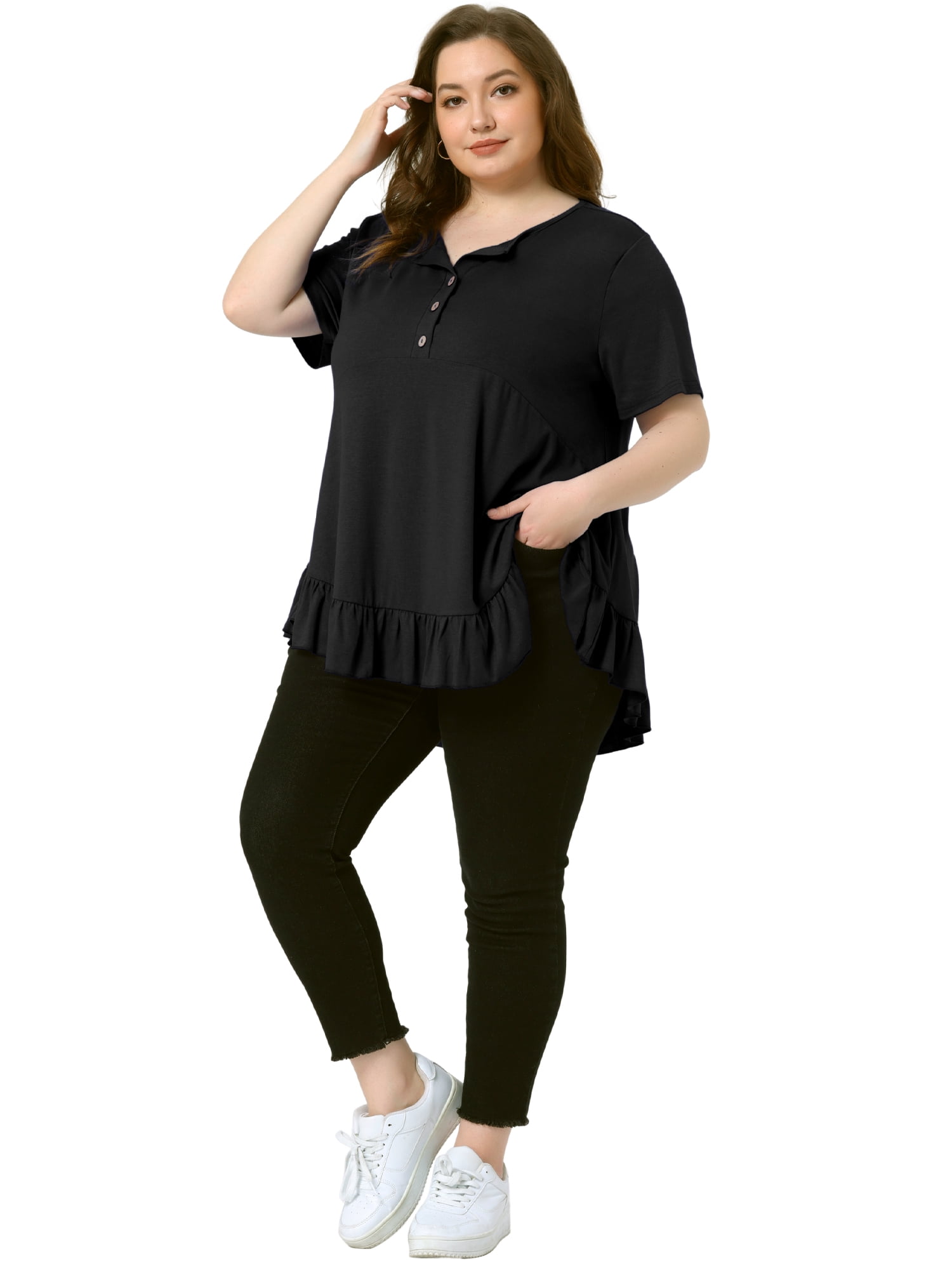 DARING DIVA Women's Plus T Shirts Henley V Neck Button Up  Ruffled Blouses Tops 2X Black
