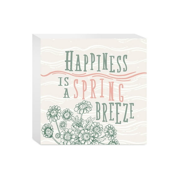 Happiness Spring Breeze Green Floral 5 x 5 Wood Tabletop Sign Plaque