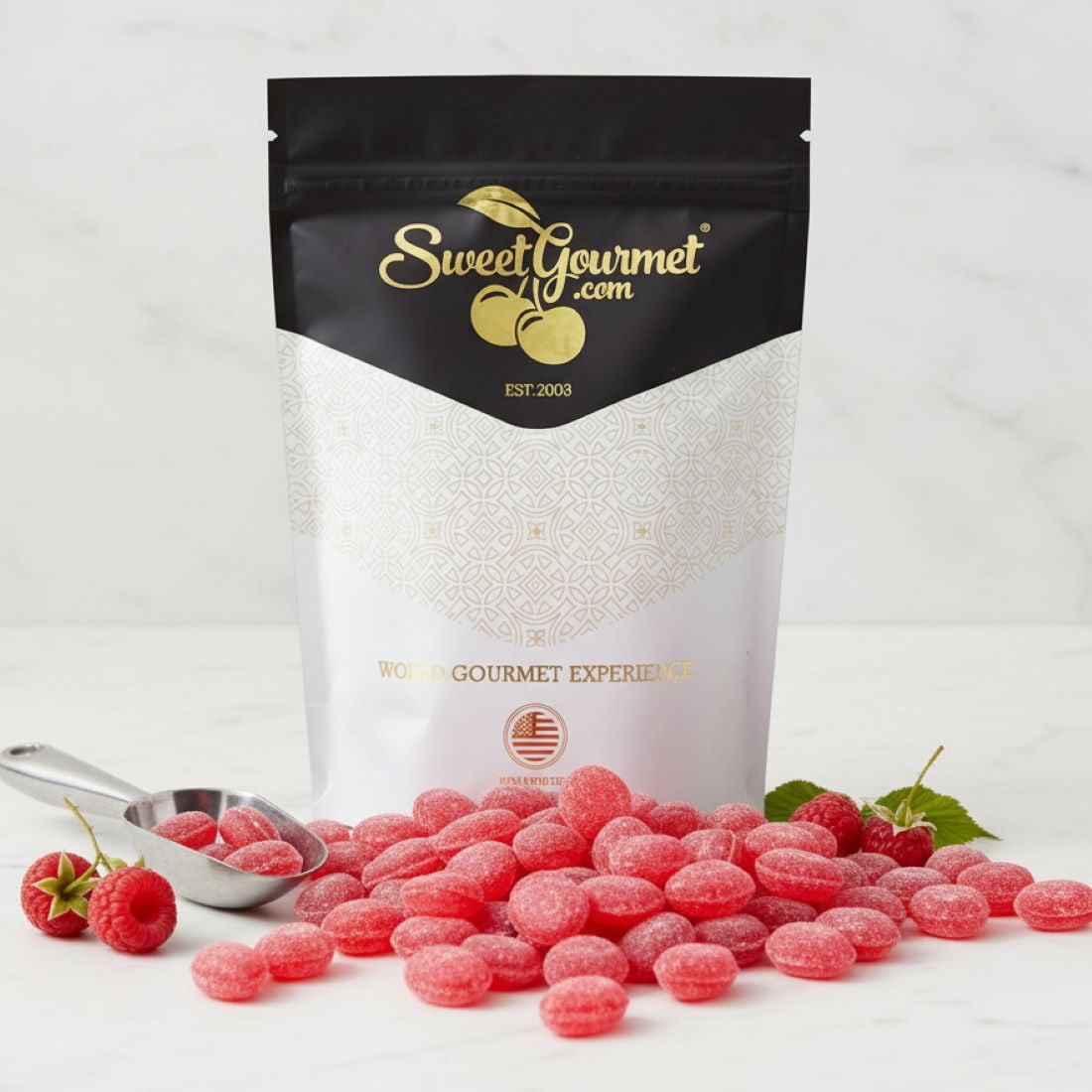SweetGourmet Natural Sanded Raspberry Drops Old-Fashioned Hard Candy Fat Free Gluten-Free 1 Pound
