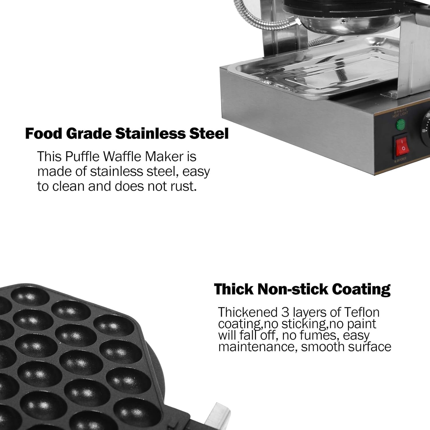 YUEWO 1300W Commercial Bubble Waffle Maker - 110V Non-Stick Rotating Egg Puff Iron for Home & Business (Hong Kong Style, 180° Flip, 50-250°C Temp Control)