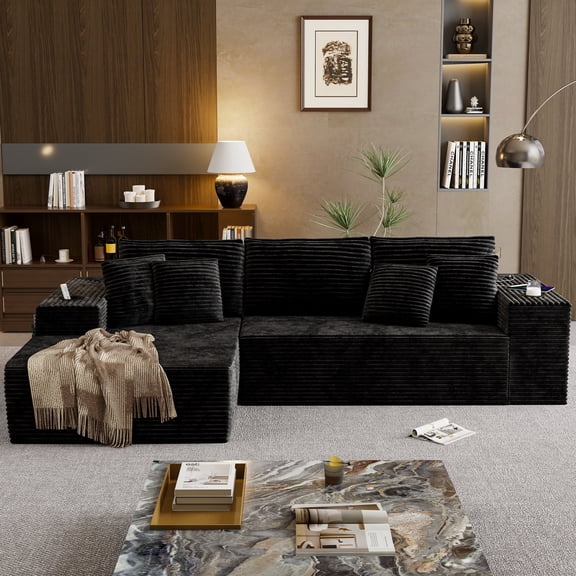 VLOGGING 104" Modular Cloud Couch & L Shaped Couch Sectional - No Assembly Sleeper Sofa Alternative, Corduroy Living Room Furniture - Black