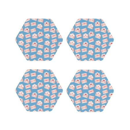 

Leather Coasters Set of 4 - envelope Pattern pink Lightweight Non-Slip Drink Coasters for Desk Anti-Scalding Desk Cup Coasters for Office Table Decor Hexagon