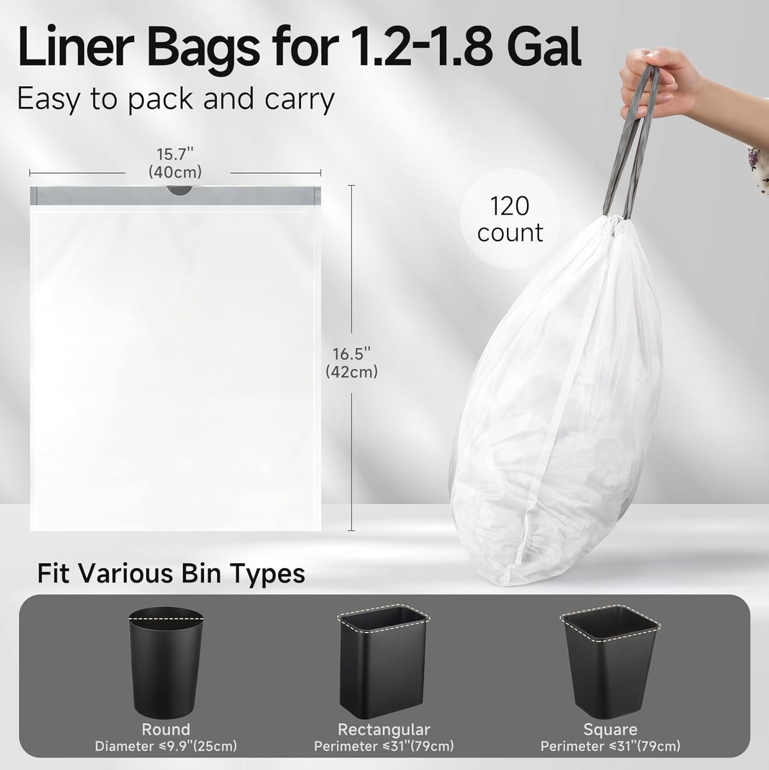 Small Trash Bags Drawstring 1.6 Gallon, Pre-Cut Mini Garbage Bags for 1.2-1.8 Gallon Trash Bins, 120 Count (Code A)
