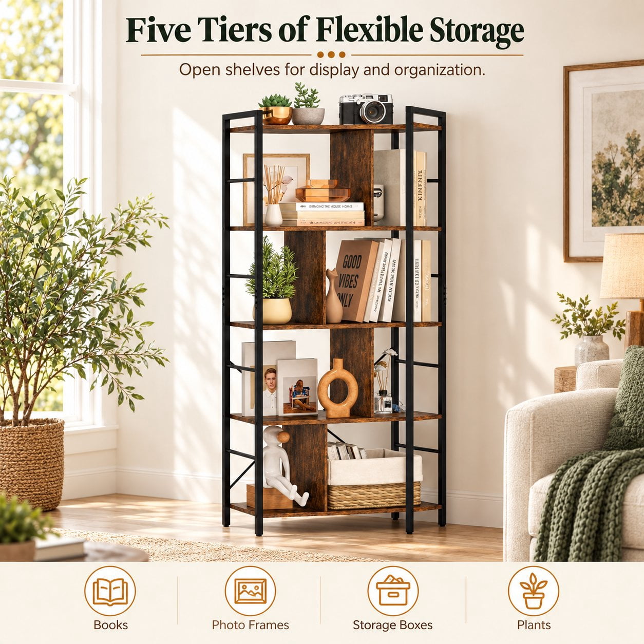 Furnibear 5-Tier Bookcase 61 Inch Tall Industrial Bookshelf with Metal Frame and Anti-Tip Anchors for Living Room Home Office Bedroom, Rustic Brown