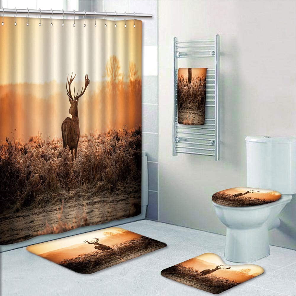 Erehome Red Deer In The Morning Sun Wild Nature Scenery Countryside Rural Heathers 5 Piece Bathroom Set Shower Curtain Bath Towel Bath Rug Contour Mat And Toilet Lid Cover Walmart Canada