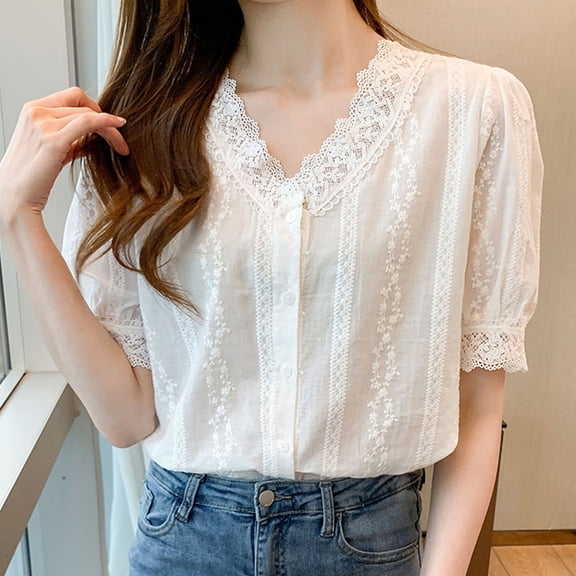 Women's Short Sleeve V Neck Tops Shirts Blouses Crewneck Loose Fit Solid Color Soft Casual Work Office Vacation Outfits Fashion Essential Gift for Women | Sopatenor,White XL