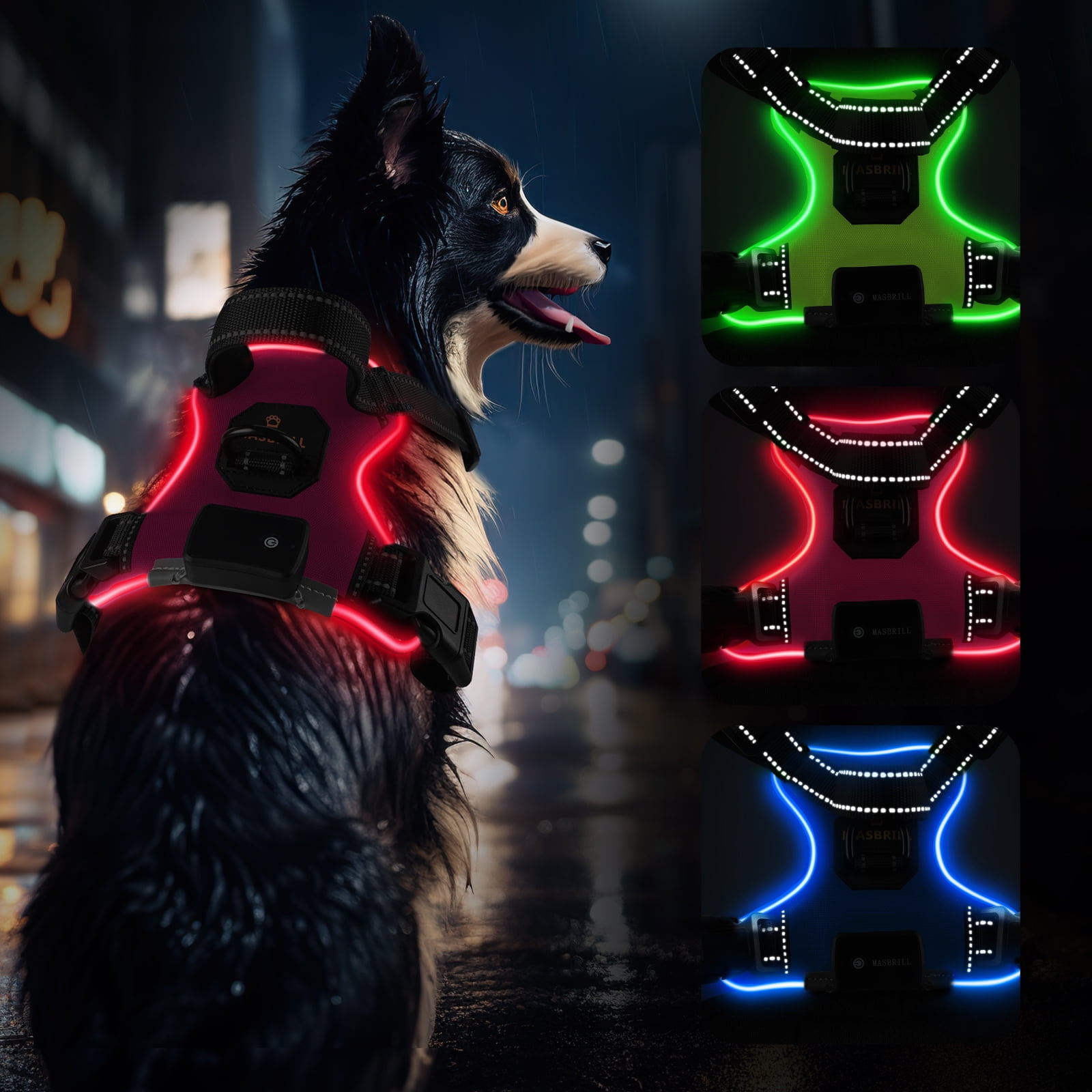 MASBRILL Light Up Dog Harness - No Pull Led Dog Harness Rechargeable Lighted Dog Harness for Night Walking Adjustable Glow Vest for Small Medium Large Dogs