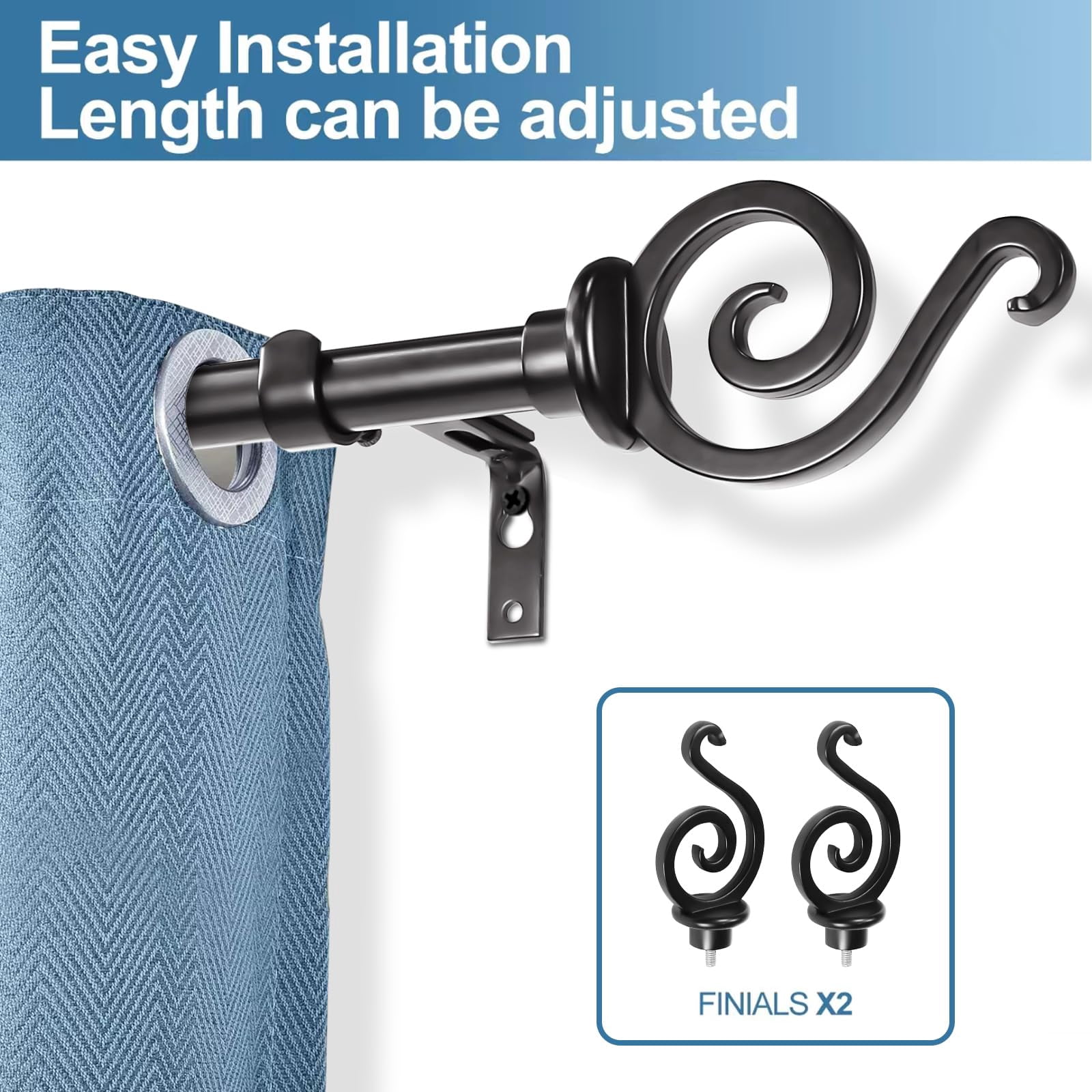 Urbanest 3/4" French Scroll Cast Forged Iron Single Curtain Rod – Designer Cast Iron Drapery Hardware with Elegant Finials, Easy-Mount, Heavy-Duty, 48" to 84", Matte Black